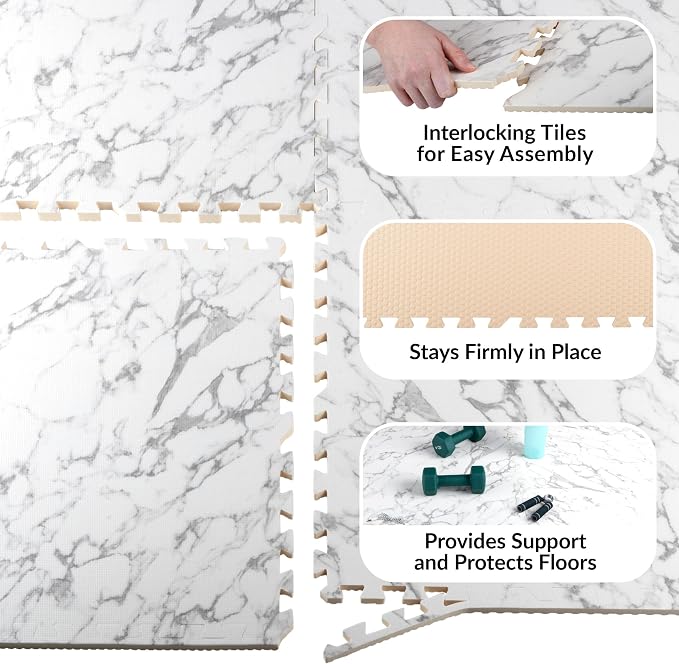 EVA Foam Floor Tiles 12-Pack - 48SQFT Puzzle Mat - Interlocking Foam Tiles for Baby Play Mat or Gym Flooring for Exercise by Stalwart (Faux Marble) - Image 3