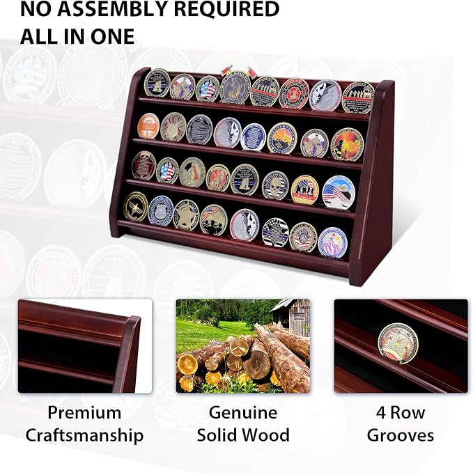 Challenge Coin Display Case, 4 Row Solid Wood Military Coin Holder Rack Stand Holds 30 Coins for Desk or Wall Mount, Coin Holders for Collectors (Mahogany Finish) - Image 4