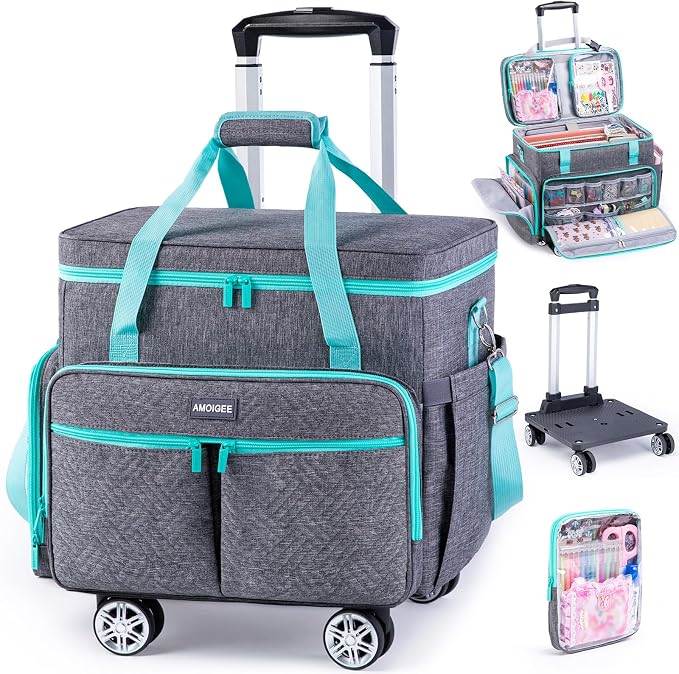 AMOIGEE Rolling Tote Bag with Wheels and Handle, Sewing Machine Case, Craft Organizer Tote for Scrapbooking Storage, Teacher Rolling Bag, Craft Supply Storage, Art Bag, Rolling Cart for Teachers by AMOIGEE