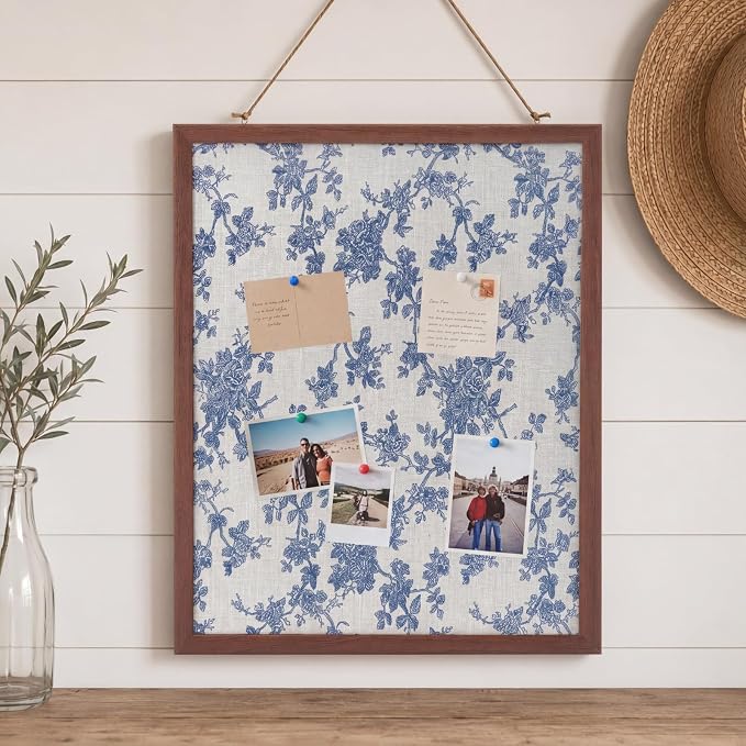 Leinuosen 17" x 23" Linen Cork Board for Walls Decorative Blue Rose Cork Boards Wood Framed Bulletin Boards, Picture Display Vision Pin Corkboards for Farmhouse Home Room Office Cottagecore Decor by Leinuosen
