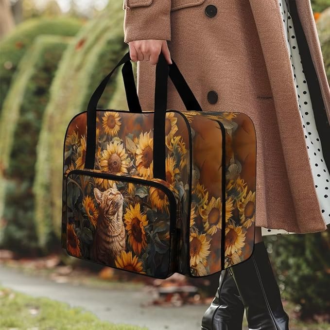 Sewing Machine Carrying Case Portable Travel Tote Bag Versatile Sewing Machine Dust Bag Universal Storage Bag for Most Standard Size Machine, Cat Sunflower - Image 3