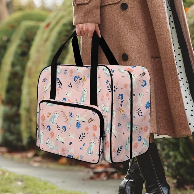 Sewing Machine Dust Bag Portable Carrying Case Portable Carrying Case Versatile Travel Tote Bag Universal Large Capacity Sewing Machine Storage Case, White Cat Flower Leaf Pink - Image 3