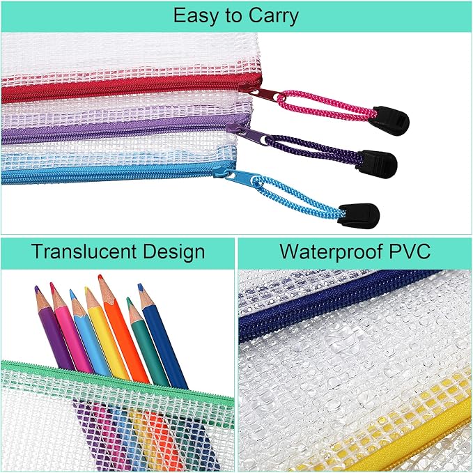 Harloon 150 Pack Clear Pencil Pouches Bulk, 9.5'' x 4.5'',10 Colors | PVC Mesh and Zippers Keep Pencils, Markers, Cosmetics and Toiletries Organized for Back to School, Office and Travel Use - Image 2