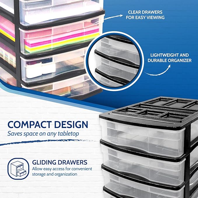 Gracious Living 4-Drawer Desktop and Countertop Storage Organizer Drawer Set, Plastic Office Desk Organizer, Black/Clear - Image 6