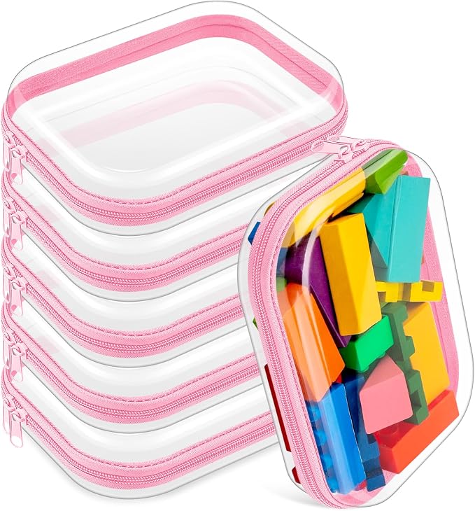 Sanwuta 6 Clear Hard Zipper Case,Pink,7.87 X 5.9 X 2 Inch | Pencil Case Pouches ,Makeup Bag,Plastic Toiletry Diaper Bag ,Travel Toy Storage,Waterproof Organizer Bins by Sanwuta
