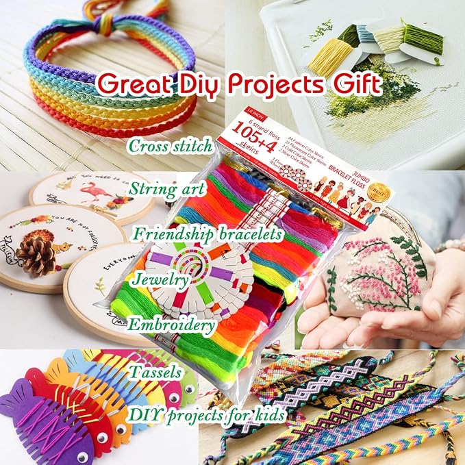Embroidery Floss Rainbow Color 109 Skeins Per Pack Cross Stitch Threads Friendship Bracelets Floss Crafts Floss with 3 Weaved Plate（105 pcs Embroidery Floss +4 Metallic Embroidery Thread - Image 7