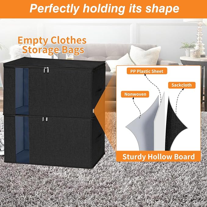 punemi 60L Comforter Storage Bags with Side & Bottom Support, 2 Pack, Black | Clear Window & Reinforced Handles, for Clothes,Pillow,Bedding & Blanket, Bedroom & Closet Organization - Image 3