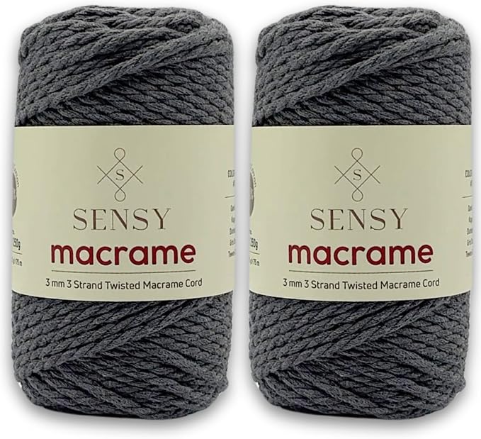 S Sensy 3mm Triple-Recycled Cotton Macrame Cord 2 Skeins Dark Gray 82 Yards by SSENSY