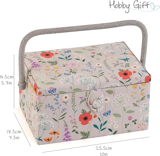 Hobby Gift Medium Sewing Box Organiser, Fabric Covered Storage Box with Handle, Internal Tray, Pin Cushion and Pocket for Sewing, Quilting and Knitting Supplies - Image 5