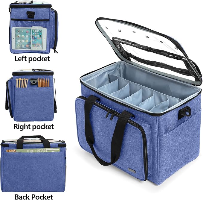 Teamoy Knitting Bag, Yarn Storage Organizer Crochet Bag Tote, Dark Blue | Yarn Holder with Inner Divider(Sewn to Bottom) for Crochet Hook, Knitting Needles(Up to 14"), Project and Crocheting Supplies - Image 5