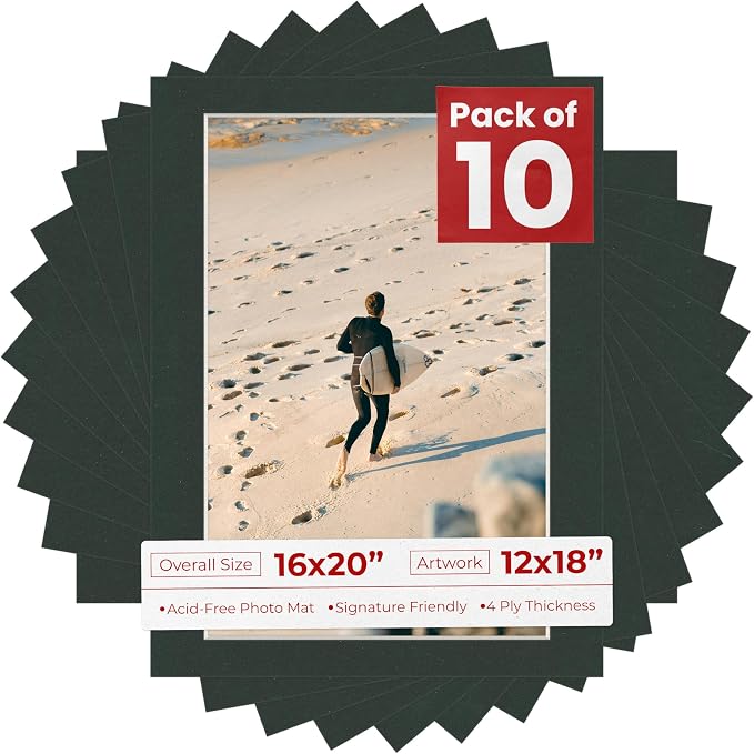 12x18 Mat for 16x20 Frame - Precut Mat Board Acid-Free Black 12x18 Photo Matte Made to Fit a 16x20 Picture Frame, Premium Matboard for Family Photos, Show Kits, Art, Picture Framing, Pack of 10 Mats by PosterPalooza