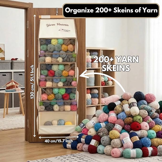 Everything Crochet Yarn Heaven Storage Organizer – Over The Door & Closet Hanging Yarn Bag for Crochet & Knitting, Skein Holder Holds 200+ Skeins with Clear Pockets for Yarn Stash, Hooks & Needles - Image 2