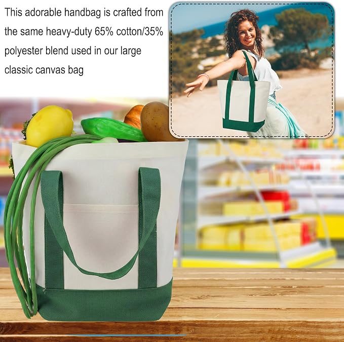 Eccliy 12 Pcs Mini Canvas Tote Bags 13" x 11" x 6" Small Tote Shopping Bag Bulk with Pocket Handle Blank Heavy Duty Reusable Canvas(Sage Green Series) - Image 6