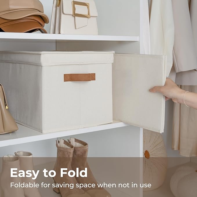 StorageWorks Storage Bins with Lids, Decorative Storage Boxes with Lid and PU Handles, Foldable Storage Baskets for Closet, Shelves, Stackable, Ivory, Jumbo, 3-Pack | Lidded Dust-proof, Easy Pull Handles, Foldable, Stackable, Ideal for Clothes Blanket ... - Image 2