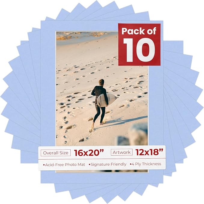 12x18 Mat for 16x20 Frame - Precut Mat Board Acid-Free Baby Blue 12x18 Photo Matte For a 16x20 Picture Frame, Premium Matboard for Family Photos, Show Kits, Art, Picture Framing, Pack of 10 Mats by PosterPalooza