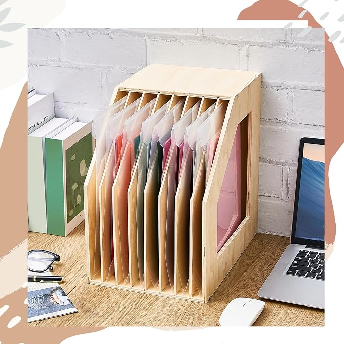 ReliThick 2 Pcs 12x12 Paper Storage Organizer Wood Slope Design Scrapbook File Sorter Storage Shelf for Holding 8 Slot Heat Transfer Paper Portfolio Filing Crate Album Glass Holder for Office School - Image 4