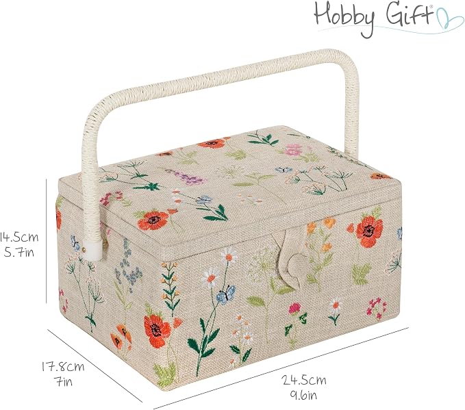 Hobby Gift Medium Sewing Box Organiser | Fabric Covered Storage Box, Handle, Internal Tray, Pin Cushion and Pocket, For Sewing, Quilting and Knitting Supplies - Image 2