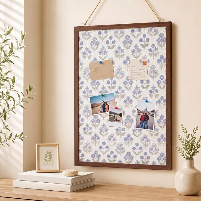 Leinuosen 17" x 23" Linen Cork Board for Walls Decorative Blue Floral Cork Boards Wood Framed Bulletin Boards, Picture Display Vision Pin Corkboards for Farmhouse Home Room Office Cottagecore Decor by Leinuosen