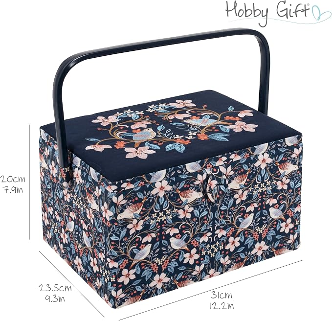 Hobby Gift Large sewing box - Birds in flowers made of embroidered cotton fabric with plastic handle, hard plastic inner tray with compartments, pin holder 23.5x31x20cm - Image 4