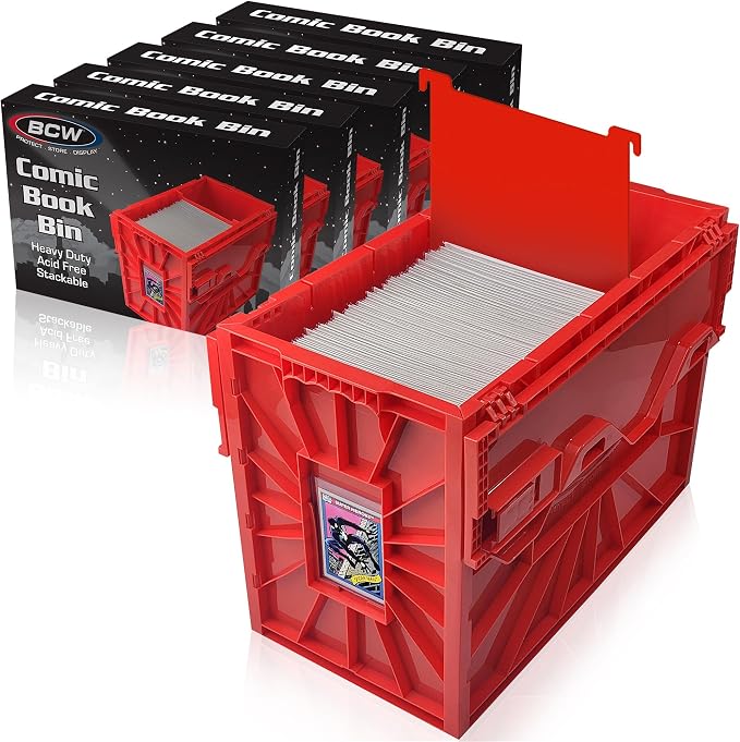 BCW Short Comic Book Bin | Holds 150 Comics | Stackable Plastic Storage | Acid-Free Organizer | Red, 5 Pack by BCW