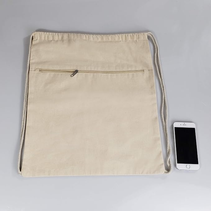 Cotton Canvas Drawstring Backpack with Zippered Front Pocket Cinch Sack Pull String Sport Bags for Gym, Hike Bags - Image 2