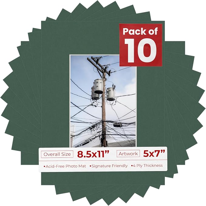 5x7 Mat for 8.5x11 Frame - Precut Mat Board Acid-Free Show Kit with Backing Board, and Clear Bags Hunter Green 5x7 Photo Matte Made to Fit a 8.5x11 Picture Frame Matboard for Framing, Pack of 10 Mats by PosterPalooza