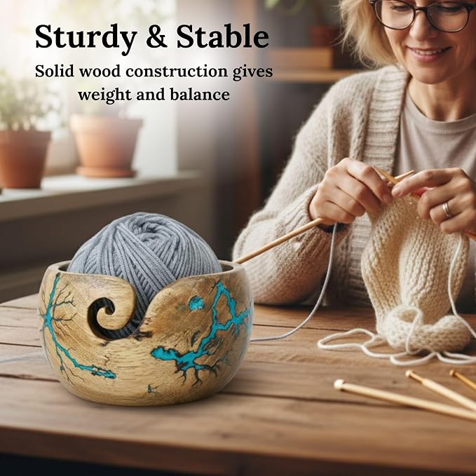 Lichtenberg Figure Yarn Bowl - Handmade Wooden Yarn Bowl for Knitting Yarn Ball Holder - Yarn Bowls with Holes Crochet Bowl Holder - Yarn Storage Bowl 7" x 4" inches (SB-Yarn Bowl) - Image 2
