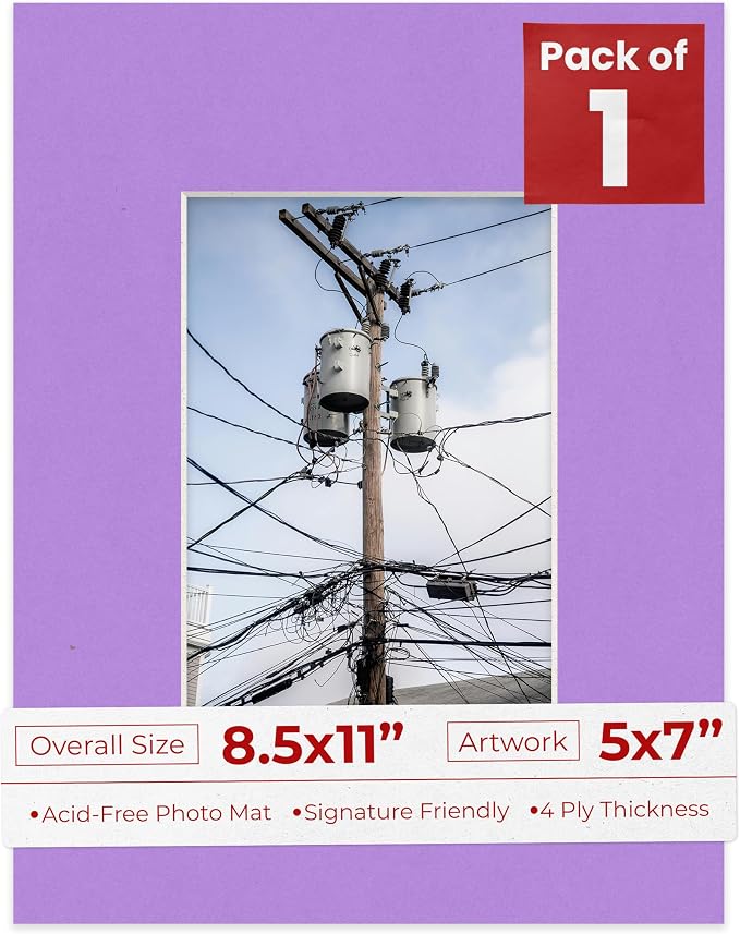 5x7 Mat for 8.5x11 Frame - Precut Mat Board Acid-Free Show Kit with Backing Board, and Clear Bags Light Purple 5x7 Photo Matte Made to Fit a 8.5x11 Picture Frame Matboard for Framing, Pack of 1 Mat by PosterPalooza