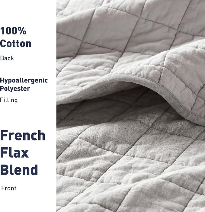 Hyde Lane Linen Quilt Set King Size, Grey - Breathable Box-Stitch Coverlet | 55% Flax Blend Front, Soft Cotton Backing, Machine Washable, Gets Softer After Every Wash - Image 6