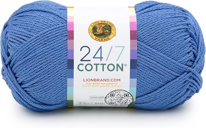Lion Brand Yarn, 24/7 Cotton Yarn, Riviera, Medium Blue, 1 Pack | Light Worsted 100% Mercerized Cotton Yarn for Crochet, Knitting, Craft, 185 Yards of Natural Fiber for Tees, Bags, Dishcloths by LionBrandYarn