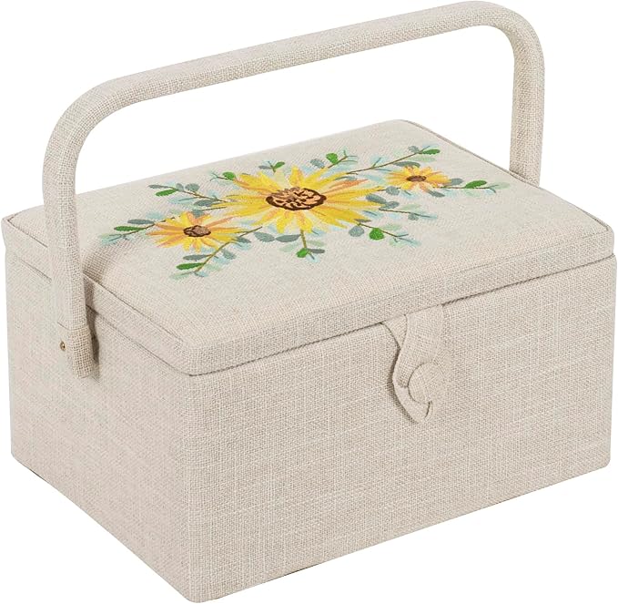 Hobby Gift Medium Sewing Box Organiser | Fabric Covered Storage Box, Handle, Internal Tray, Pin Cushion and Pocket, For Sewing, Quilting and Knitting Supplies by HobbyGift