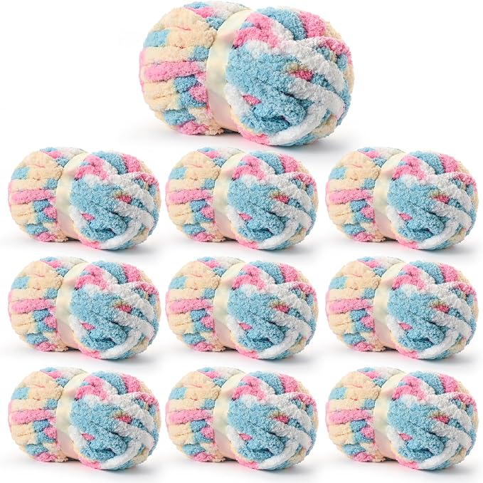 Chunky Jumbo Chenille Yarn Candy 10 Pack | 2000g/240yds Super Bulky Baby Soft Yarn for Hand Knitting Fluffy Chunky Knit Throw Blanket Yarn by Sekafris