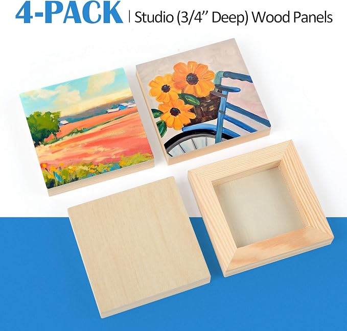4 Pack 4x4’’ Unfinished Birch Wood Panels Kit for Painting | Studio 3/4’’ Deep Wooden Canvas, Cradle Boards for Acrylic Pouring, Art, Crafts, Epoxy Resin, Laser Engraving Cutting - Image 6