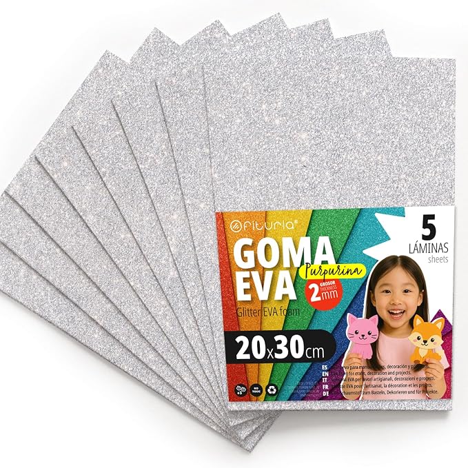 OFITURIA Glitter Foam Rubber for Crafts, Colourful Foam with Glitter for DIY, Creative Projects, Arts and School, 20 x 30 cm (White, Pack of 5) by OFITURIA