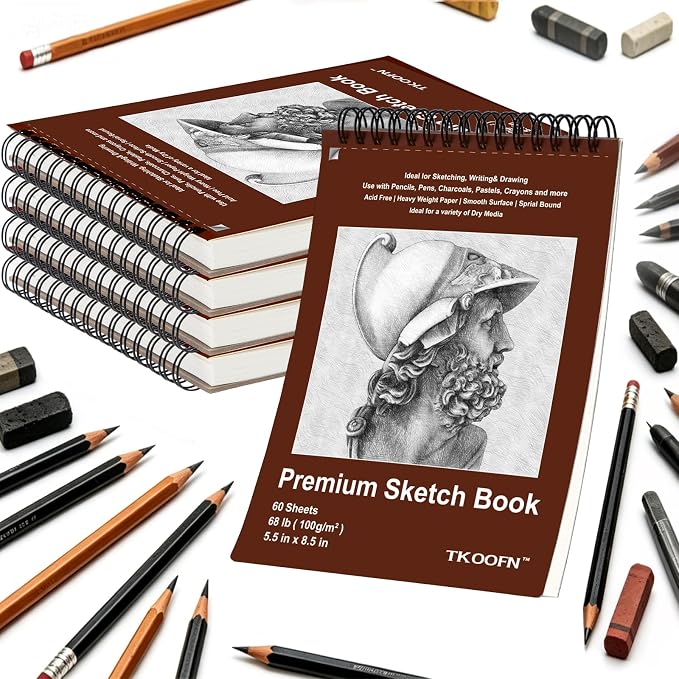 TKOOFN 5 Pack 5.5" x 8.5" SketchBooks Bulk,Top Spiral Bound Sketchbook | 60 Sheet Each,300 Sheets total,68lb/100gsm thick,Acid-Free,Portable Travel Drawing Paper Pad for Adult Kids Artists Beginners by TKOOFN