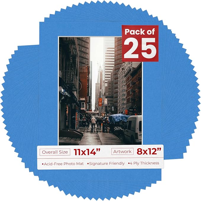 8x12 Mat for 11x14 Frame - Precut Mat Board Acid-Free Show Kit with Backing Board, and Clear Bags Bay Blue 8x12 Photo Matte Made to Fit a 11x14 Picture Frame Matboard for Framing, Pack of 25 Mats by PosterPalooza