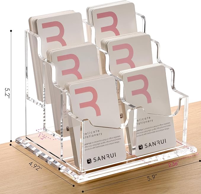 SANRUI Vertical Business Card Holder for Desk，Clear Acrylic Business Card Display Stand，6 Slots 3 Tier ，Holds 300 Cards - Image 2