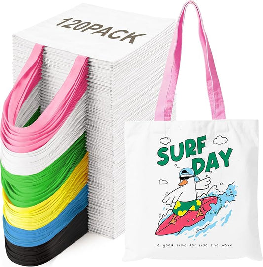 120 Pack Canvas Tote Bag Bulk, Sublimation Blanks Tote Bags for DIY - White | 13X15 Inch Canvas Tote with Color Handles, Heat Transfer Vinyl, DIY Projects, Party Birthday Personalized Gifts for Women Men by VIOBEPASS