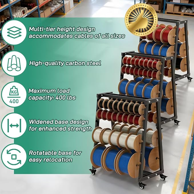 Wire Spool Rack, Adjustable Cable Organizer, 8-Rod Cord Reels | With Locking Wheels for Electrical Industrial Warehouse Reel Storage 400 lbs Capacity Wire Spool Holder up to 12 Spools Rods - Image 4