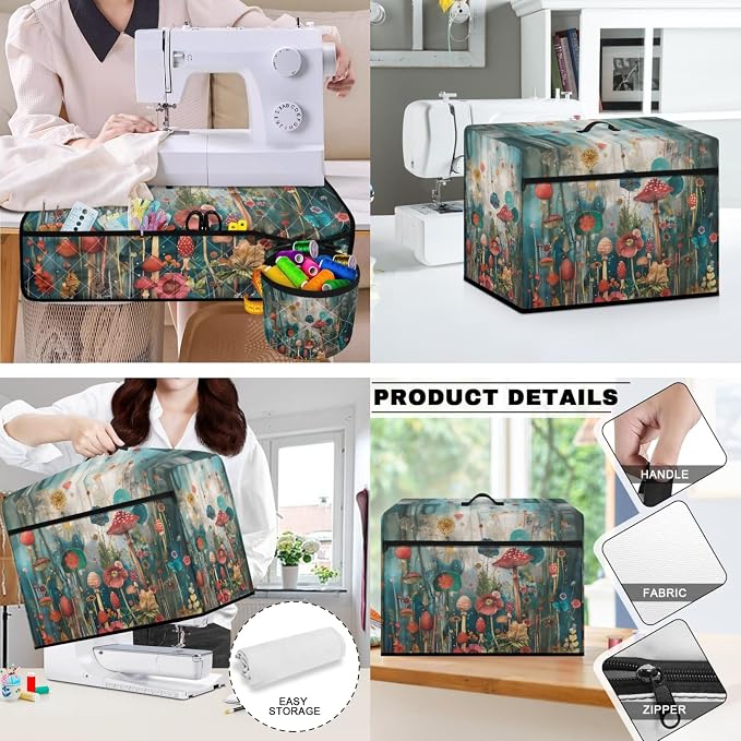 Mushroom Flowers Sewing Machine Mat & Dust Cover, Stain Resistant Muffling Mats with Pockets for Sewing Accessories Reduce Vibration Home Decor - Image 2