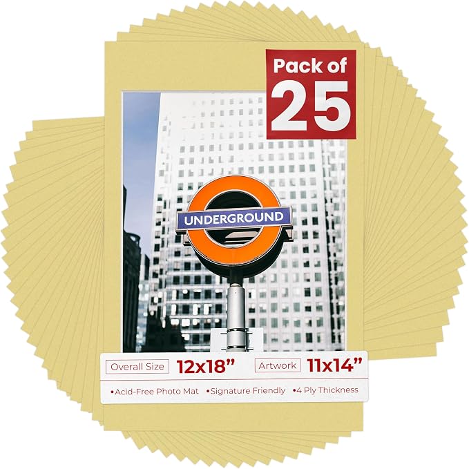 11x14 Mat for 12x18 Frame - Precut Mat Board Acid-Free Show Kit with Backing Board, and Clear Bags Soft Yellow 11x14 Photo Matte Made to Fit a 12x18 Picture Frame Matboard for Framing, Pack of 25 Mats by PosterPalooza
