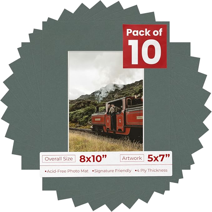 5x7 Mat for 8x10 Frame - Precut Mat Board Acid-Free Show Kit with Backing Board, and Clear Bags Charcoal 5x7 Photo Matte Made to Fit a 8x10 Picture Frame Matboard for Framing, Pack of 10 Mats by PosterPalooza