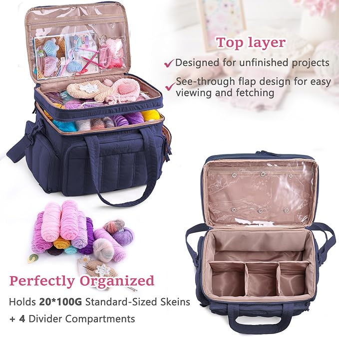 MYBAGZING Large Knitting & Crochet Bag Organizer for Yarn Storage, Double-Layer Knitting Project Bag with 6 Grommets, Yarn Organizer Tote for Knitting Supplies Crochet Hooks & Accessories Gift for Mom - Image 3