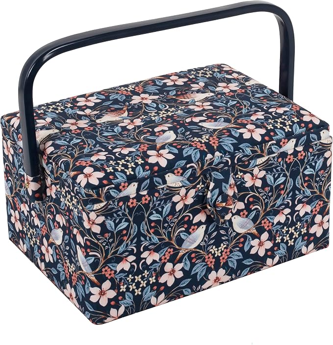 Hobby Gift Medium Sewing Box Organiser, Fabric Covered Storage Box with Handle, Internal Tray, Pin Cushion and Pocket for Sewing, Quilting and Knitting Supplies by HobbyGift