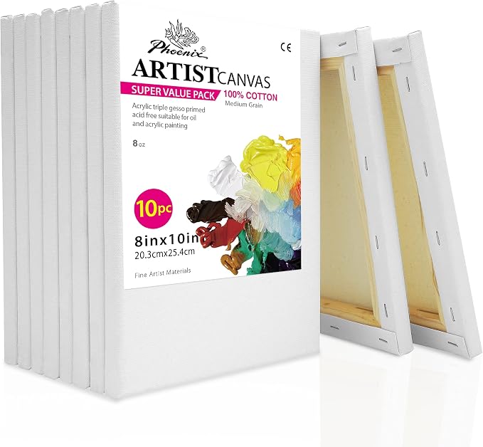 PHOENIX Stretched Canvas for Painting 8x10 Inch/10 Value Pack, 8 Oz Triple Primed 5/8 Inch Profile 100% Cotton White Blank Canvas, Artist Framed Canvas for Oil Acrylic & Pouring Art by PHOENIX
