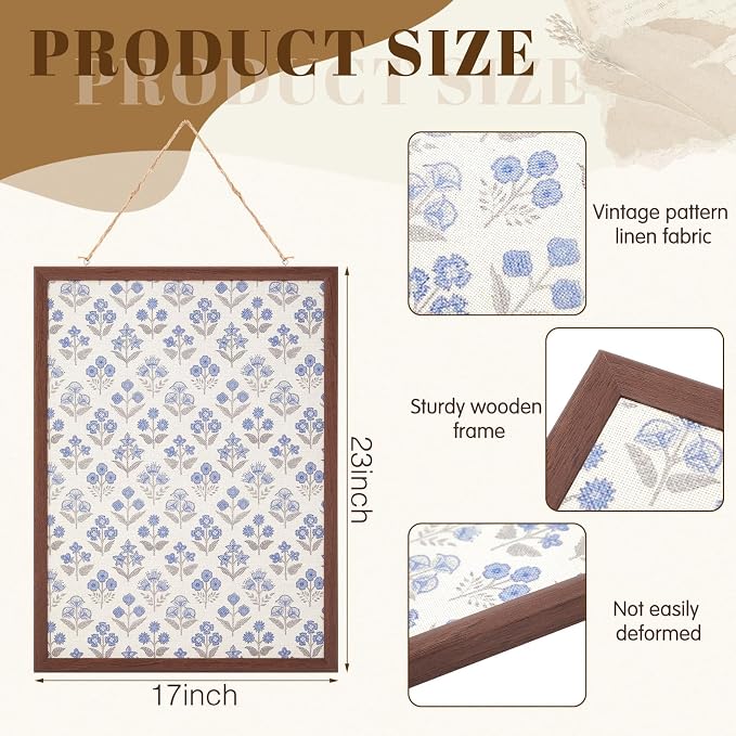 Leinuosen 17" x 23" Linen Cork Board for Walls Decorative Blue Floral Cork Boards Wood Framed Bulletin Boards, Picture Display Vision Pin Corkboards for Farmhouse Home Room Office Cottagecore Decor - Image 2