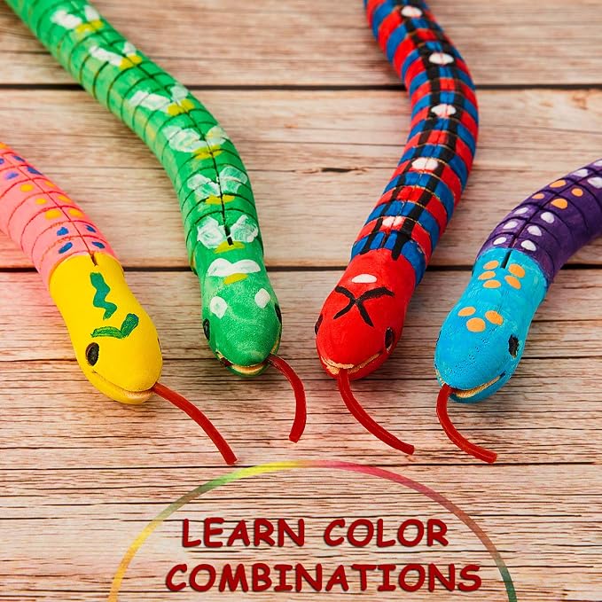 BBTO 10 Pieces Wooden Snake Unfinished Wooden Wiggly Snake Jointed Flexible Wooden Snake with 12 Colors Acrylic Craft Paint and Paint Brush for Arts and Crafts Halloween Party Decoration - Image 4