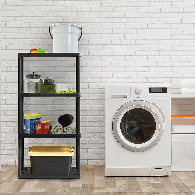 Gracious Living 4 Shelf Fixed Height Solid Light Duty Storage Unit 12 x 24 x 48" for Home, Garage, Basement, & Laundry, Black (4 Pack)