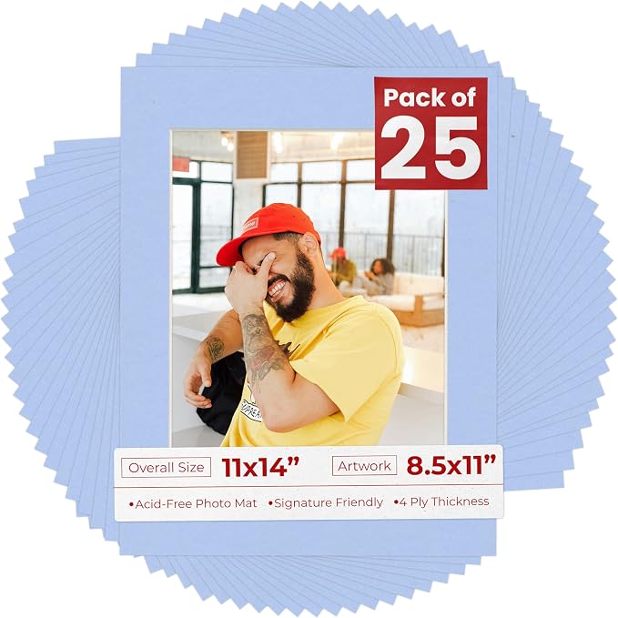 8.5x11 Mat for 11x14 Frame - Precut Mat Board Acid-Free Baby Blue 8.5x11 Photo Matte For a 11x14 Picture Frame, Premium Matboard for Family Photos, Show Kits, Art, Picture Framing, Pack of 25 Mats by PosterPalooza
