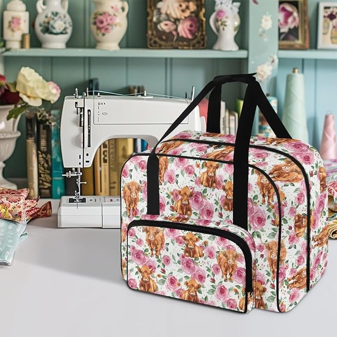 Sewing Machine Dust Bag Large Capacity Tote Bag Universal Sewing Machine Storage and Organizer Case with Soft Cushion and 4 Bottom Rubber Pads, Highland Cattle Rose - Image 2